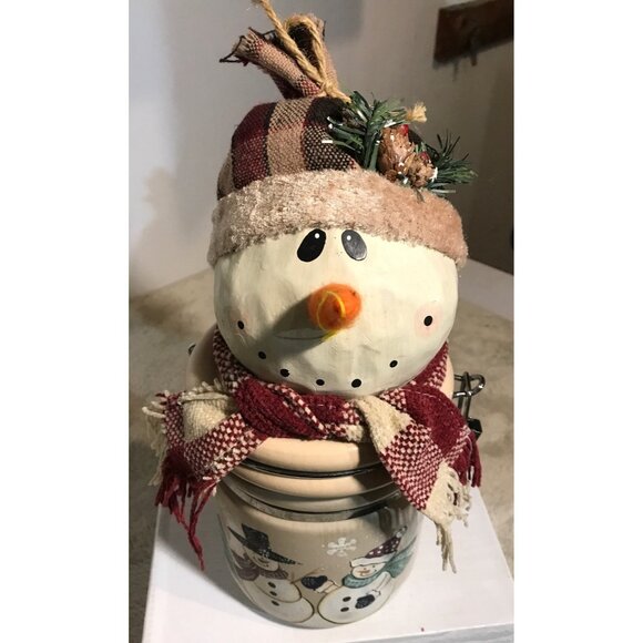 Snowman Cookie Jar Cannister Ceramic  Hinged Fabric Hat & Scarf 11" Tall - Picture 2 of 16